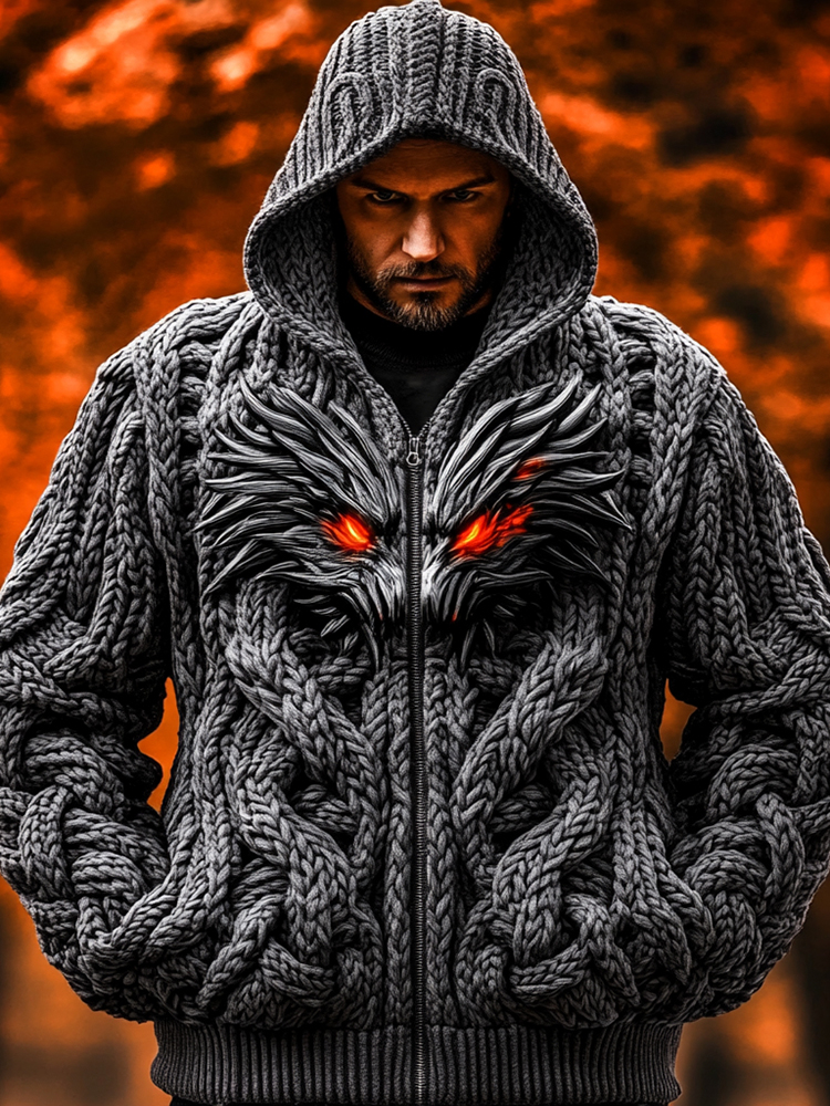 Men's Viking Dragon Style Celtic Thick Zip Hooded Sweater