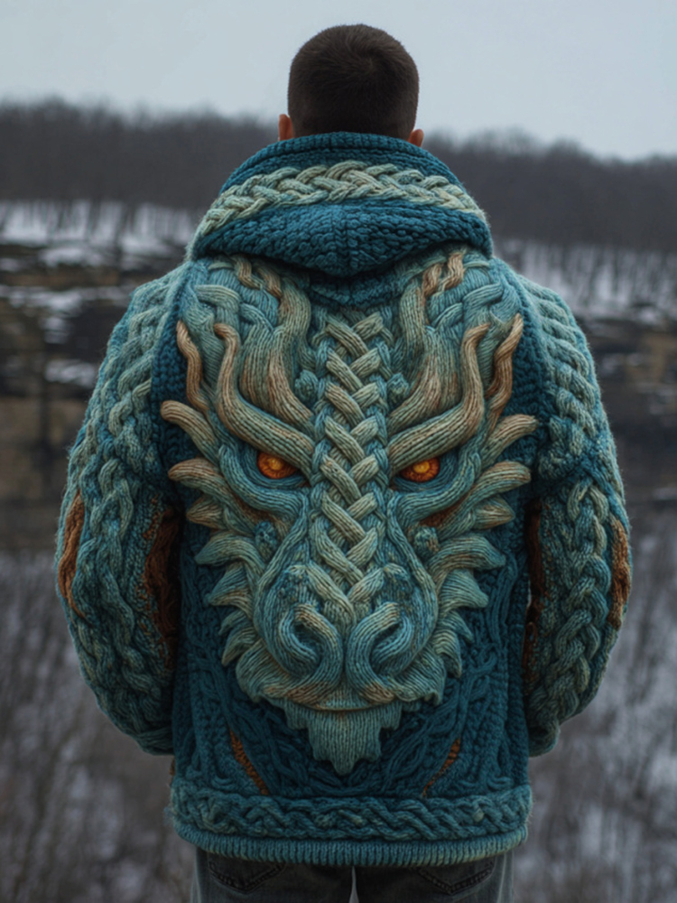 Men's Viking Dragon Style Celtic Thick Zip-up Hooded Sweater