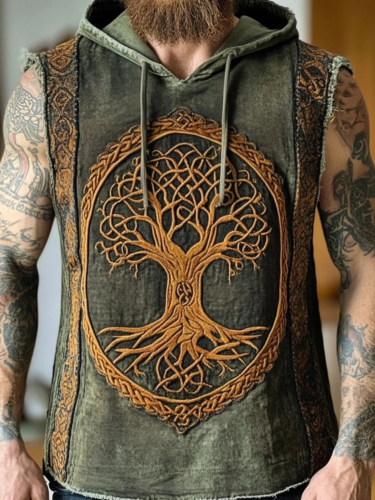 Men's Viking Tree Of Life Embroidered Hooded Tank Top