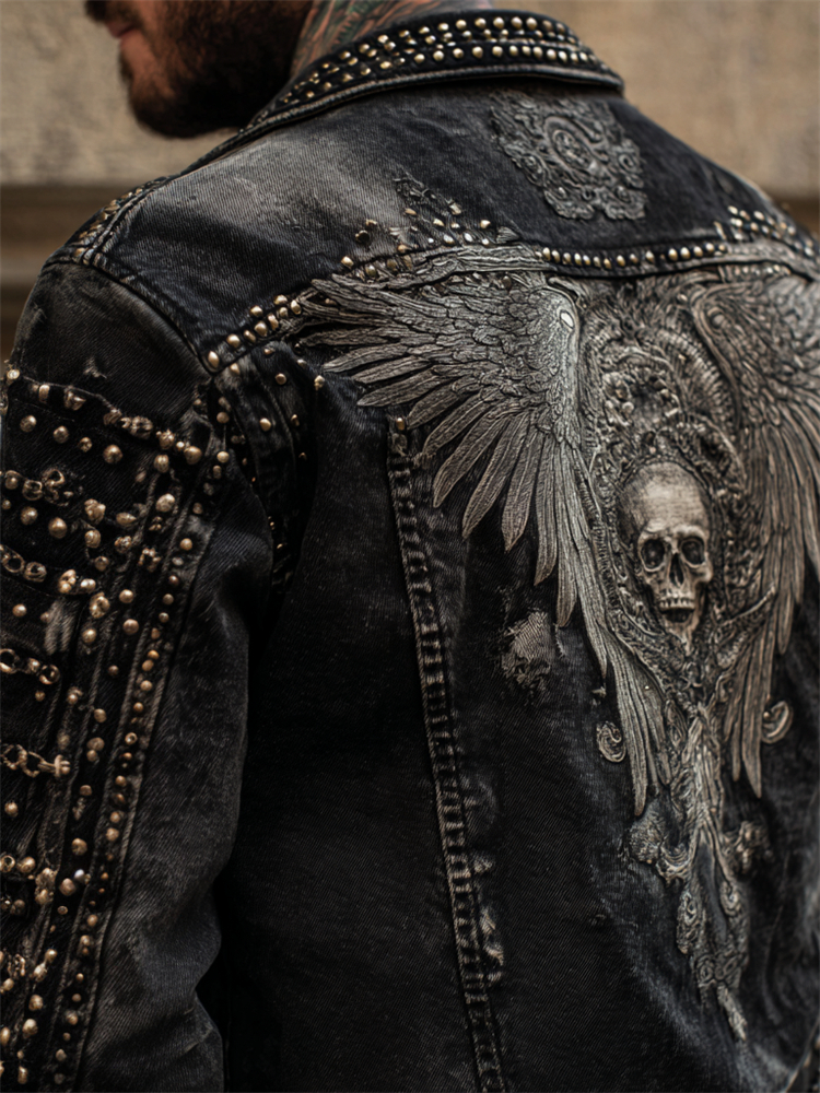 Men's Rock Style Skull With Wings Studded Washed Denim Jacket