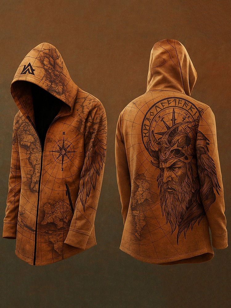 Men's Viking Tribal Runes Odin Compass Vintage Totem Hooded Jacket