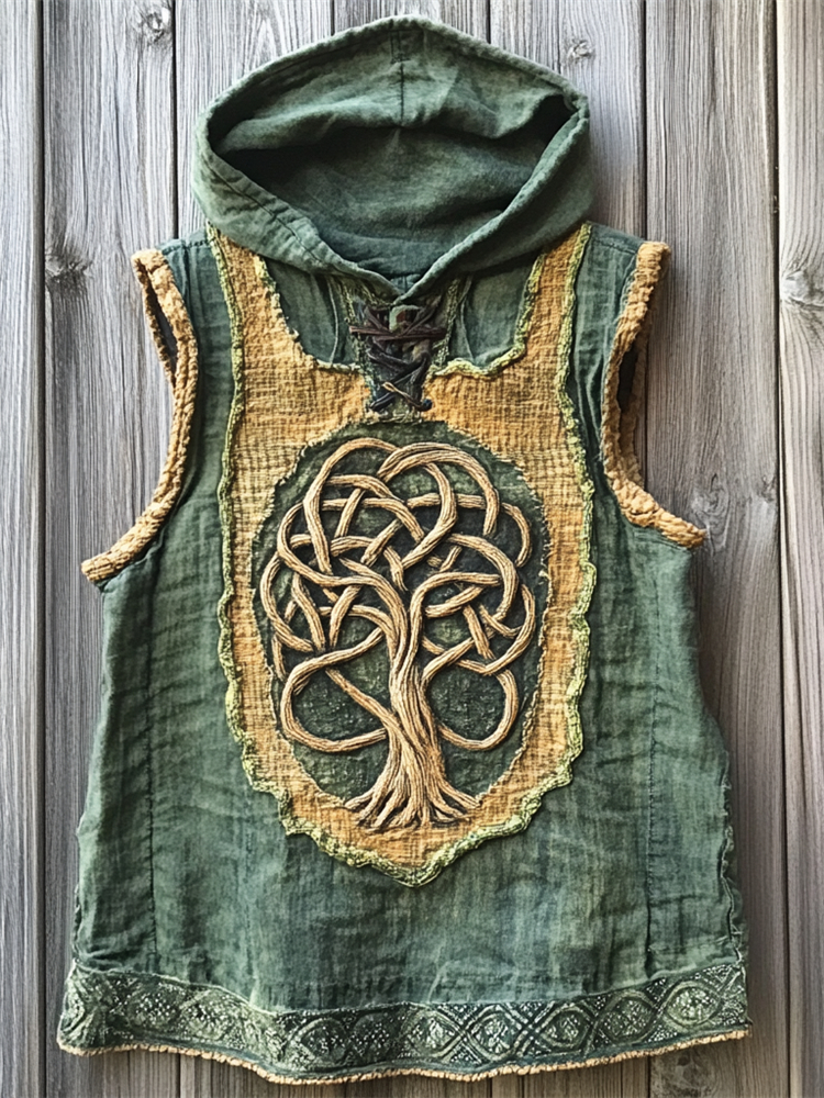 Men's Viking Tree Of Life Patchwork Hooded Washed Linen Vest