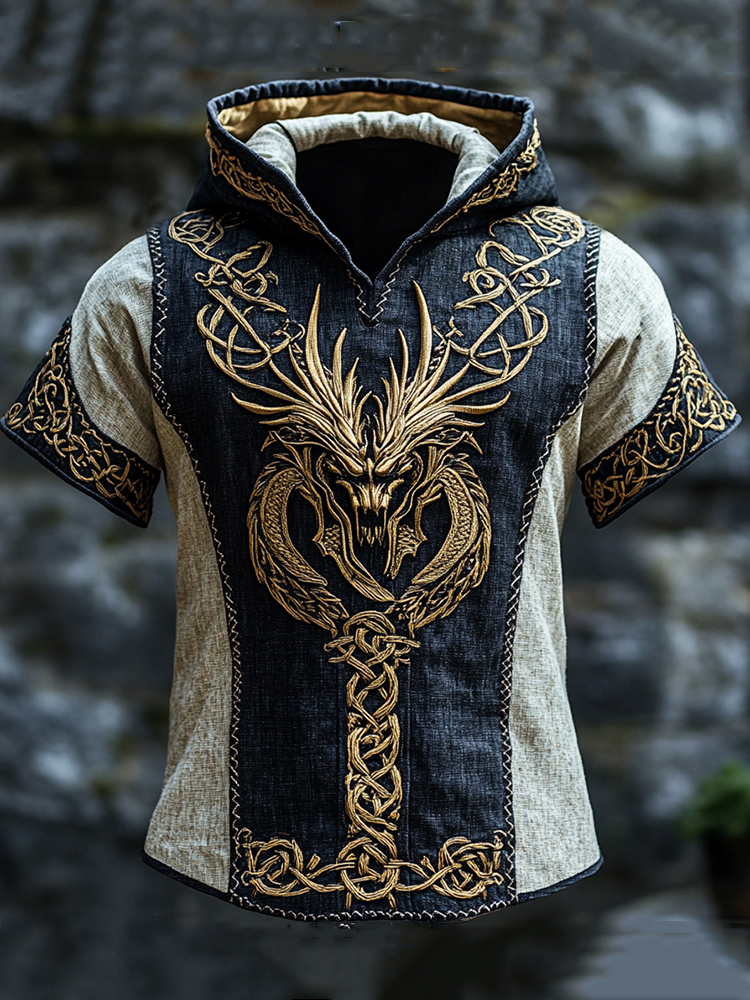 Men's Nordic Viking Mythology Celtic Dragon Totem Hooded T-shirt