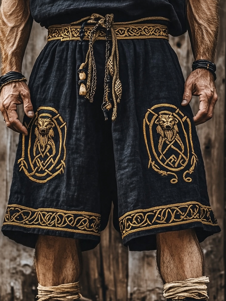 Men's Celtic Knot Viking Wolf Embroidery Casual Cropped Pants