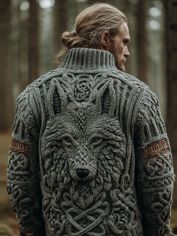 Men's Vintage Viking Wolf Pattern Cozy Knit Turtleneck Pullover Sweater