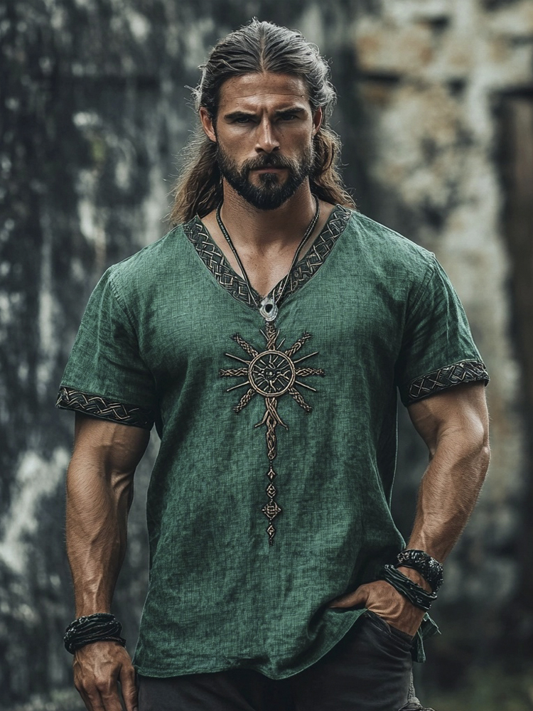 Nordic Mythology Tribal Totem Embroidered Men's Linen V-neck T-shirt