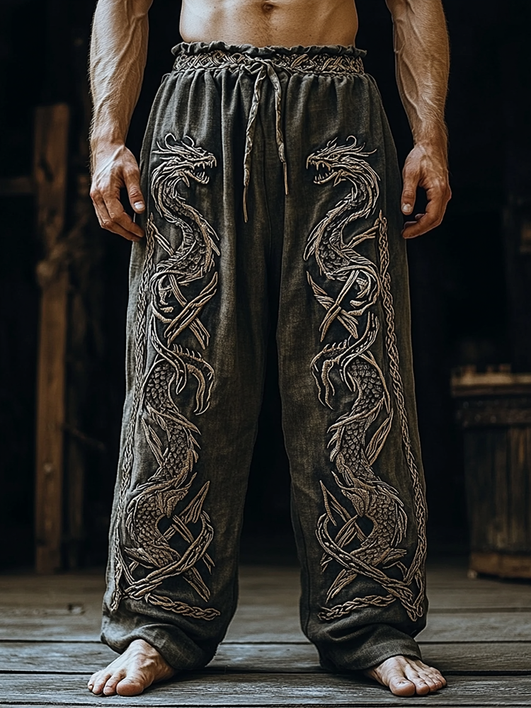Men's Retro Viking Tribal Dragon Celtic Knot Art Linen Pants