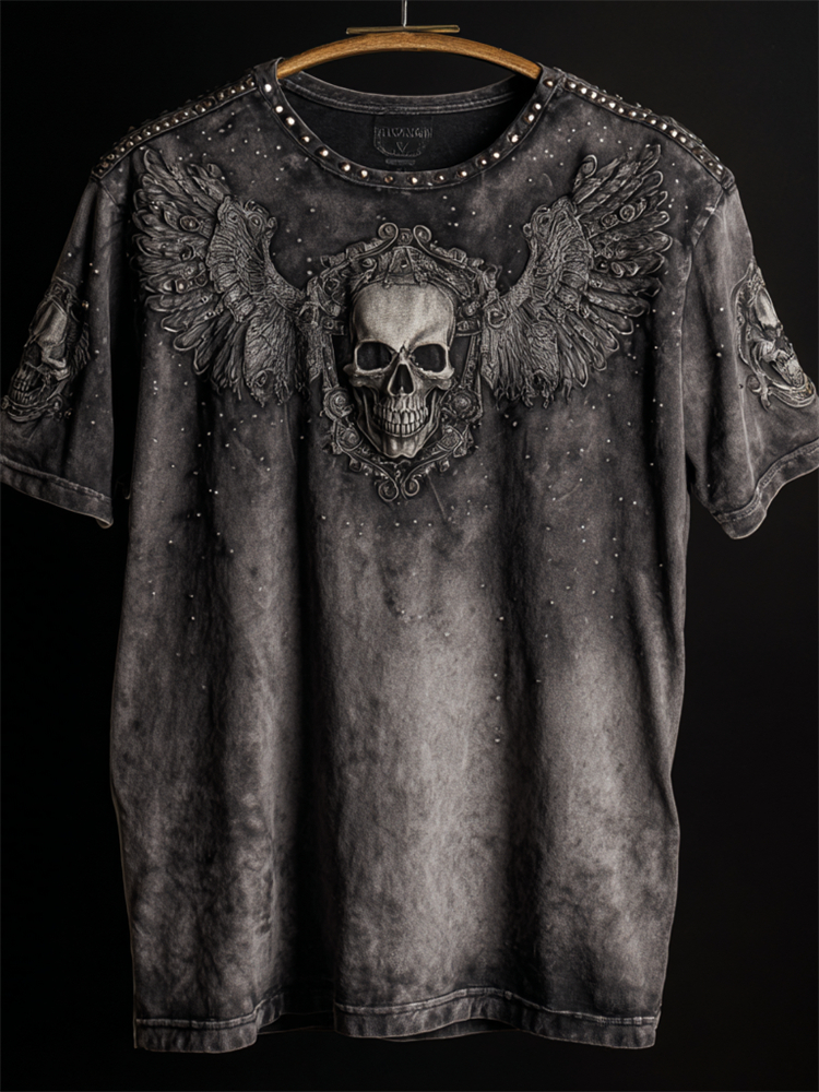 Rock Style Skull With Wings Studded Bleached T Shirt