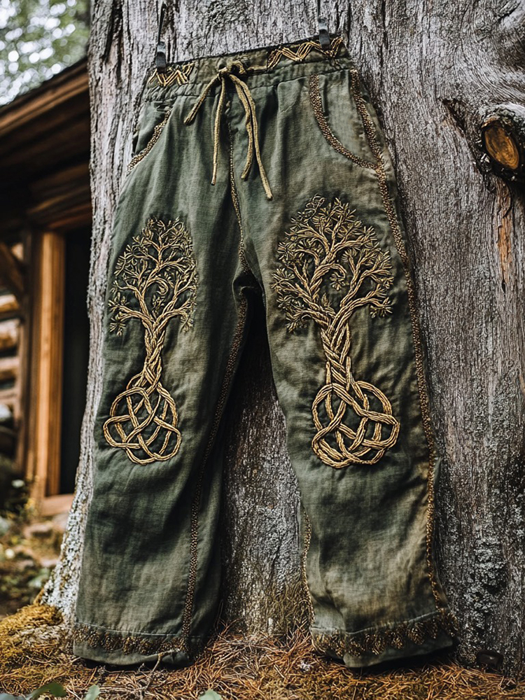 Men's Tree Of Life Embroidery Celtic Knot Art Wide-leg Pants