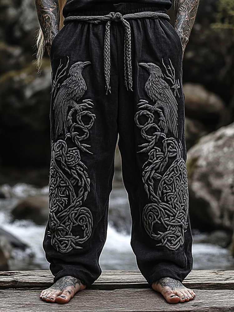 Mens Vintage Viking Crow Celtic Knot Art Linen Blend Pants