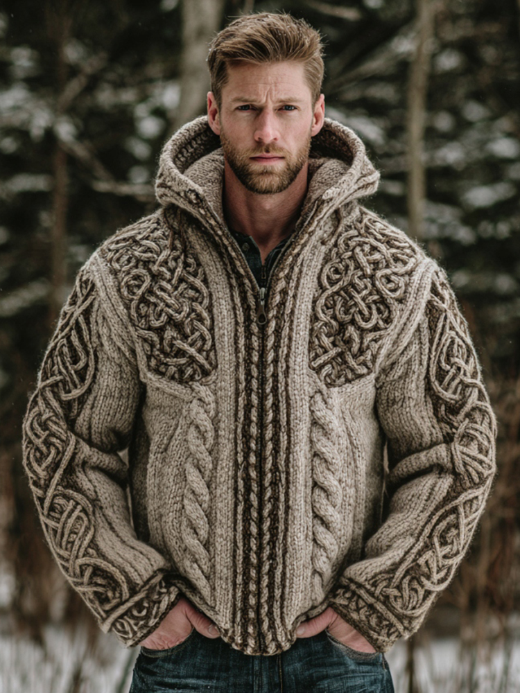 Men's Viking Celtic Knot Chunky Knit Hooded Sweater Cardigan