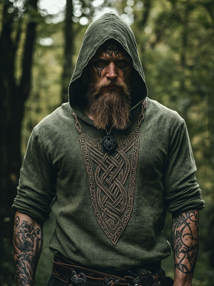 Men's Viking Color Block Celtic Knot Art Pattern Casual Hooded T-shirt