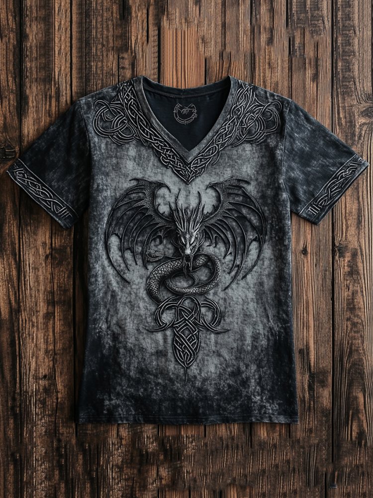 Men's Viking Dragon Celtic Knot Tie-dyed Art Linen T-shirt
