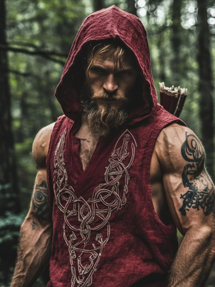 Vintage Viking Totem Embroidered Men's Linen Hooded Vest