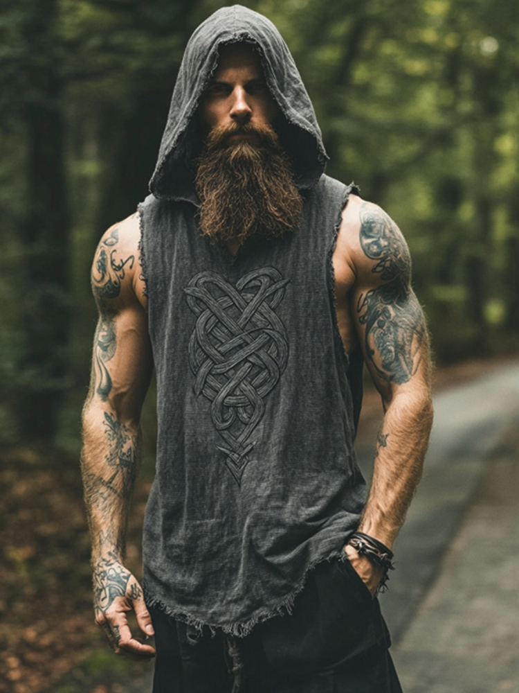 Men's Viking Tribal Jacquard Celtic Inspired Linen Hooded Vest