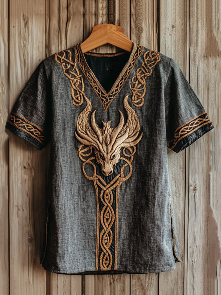 Men's Viking Dragon Embroidery Linen T Shirt